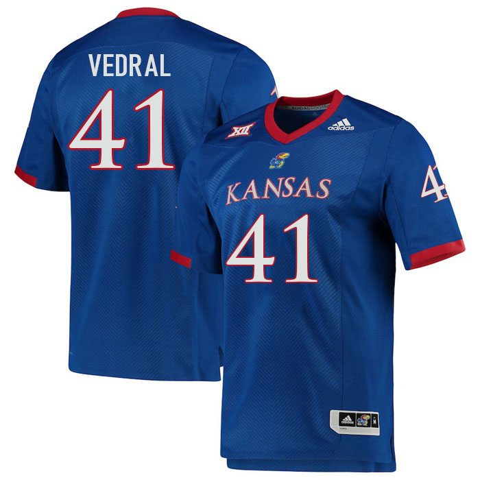 Men #41 Ezra Vedral Kansas Jayhawks College Football Jerseys Stitched Sale-Royal